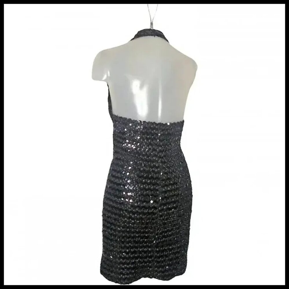 Black Sequin Halter Dress Sexy Micro Mini Bodycon Formal 70s Vintage Disco Era - Picture 4 of 13